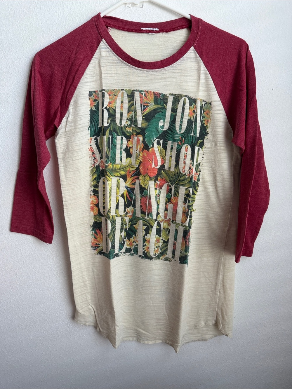 Ron Jon Orange Beach Graphic Baseball Tee - Cream & Burgundy